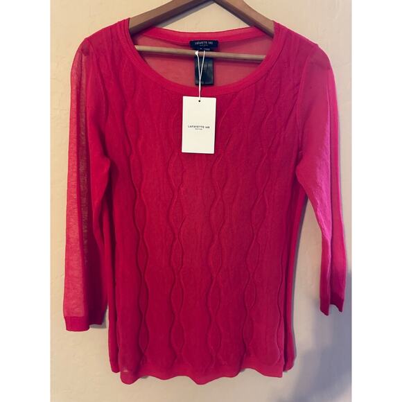 Lafayette 148 Intarsia Double Layer Tango RED Holiday Cable Sweater- M